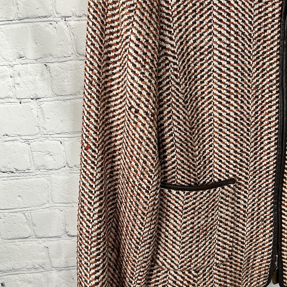 Doncaster tweed brown and orange silk blend blazer with leather trim Sz 4 - Picture 5 of 8